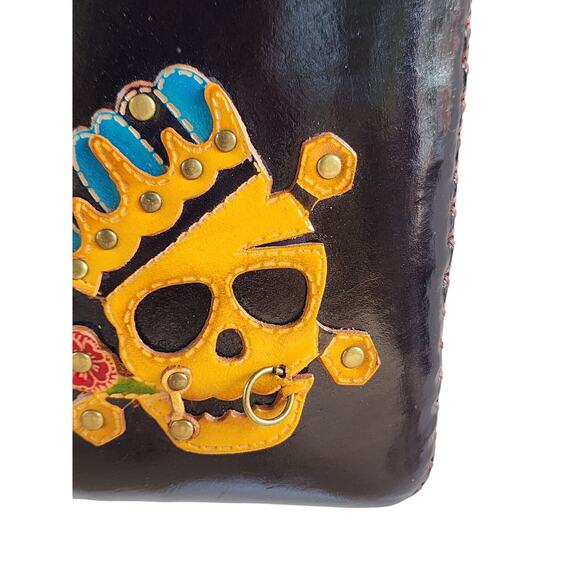 Day of the Dead Black Leather Skull Crossbody Bag Gold Studs Festival Goth NEW - Picture 9 of 11